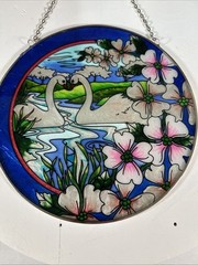 Swan Pair Stained Glass Window Hanging – Romantic Floral Art Decor