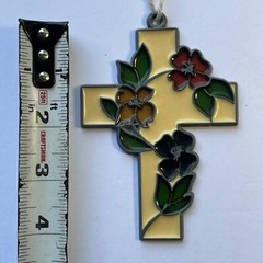 Vintage Sun Catcher Stained Glass Ornament Green Yellow Red Rose Adorned Cross