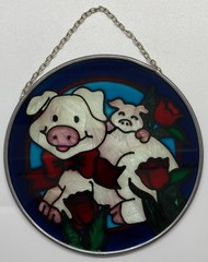 Joan Baker Pig Sun Catcher Stained Glass 1994 4.5″