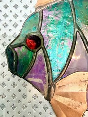 Vintage Stained Glass Rainbow Fish Suncatcher Dichroic Green/Pink w/Copper Fins
