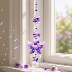 Large Purple Butterfly Crystal Suncatcher, Handmade Rainbow Window Hanging Gift