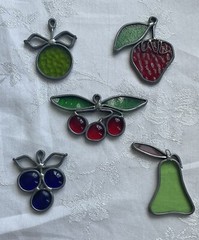 Vtg Leaded Stained Glass Fruit Suncatchers Grapes Strawberry Cherries Pear Lot 5