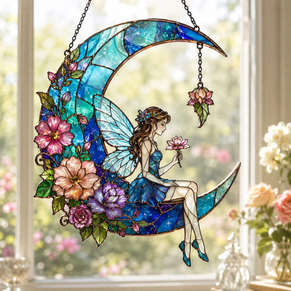 Fairy Moon Acrylic Suncatcher Floral Fairy Crescent Moon Window Decor Gift