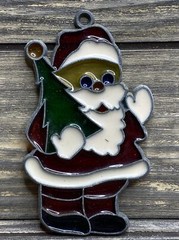Vtg Stained Glass Suncatcher Window Decor Christmas Santa Red Suit Tree 4”