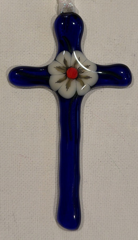 Fused Glass Cross Suncatcher Signed By Artist 4”x 2.5”