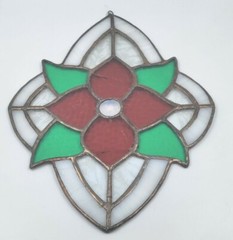 Leaded Stained Glass Suncatcher Red & Green Poinsettia White Border Brass Trim
