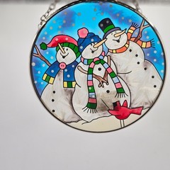 VTG Joan Baker Hand Painted Glass Suncatcher Snowman Winter Hanging Decor 4”