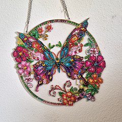 Butterfly Round Hanging Suncatcher Window Decor, Metal Rhinestone, Multicolor