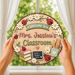 Personalized Ladybug Teacher Classroom Wooden Sign with Rope