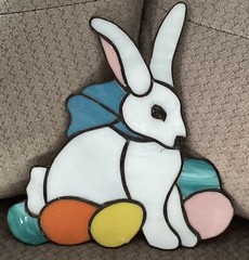 Vtg Stained Glass Bunny With Multicolored Eggs Sun Catcher-9” Tall