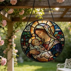 Virgin Mary Baby Jesus Stained Glass Suncatcher Window Art Decor, 7.9″ Round