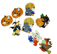 8 Vintage SUN Catcher Stained GLASS Plastic Halloween Witch/Ghost/Pumpkin