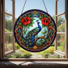 Peacock Stained Glass Suncatcher Colorful Bird Window Decor