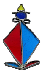 VTG XL BIG 8″ WELDED STAINED GLASS CIRCUS CLOWN BLU RED YELLOW Silver tone metal