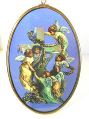 SMALL Religious ANGELS & CROSS with Flower garland WINDOW SUNCATCHER glass art