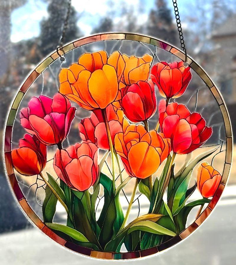 6″ Pink Orange Red Spring Blooming Tulips Acrylic Sun Catcher Window Hanging New