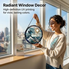 “Blue Giant Waves Faux Stained Glass Sun Catcher – Home Decor Gift for Women”