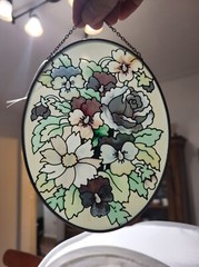 Vtg STAINED GLASS SUN CATCHER Floral Flowers Spring Summer 7″