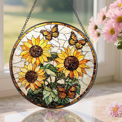 Stained Glass Suncatcher Window Hanging, 7.8 x 7.8 in | Sunflower and Butterfly