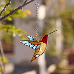 Handmade Stained Glass Hummingbird Hanging Ornament – Colorful 4.3X4.9 Inch Wind