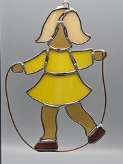 VTG Stained Glass Suncatcher Girl Jumping Rope Yellow Dress Window Art