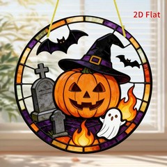 Witch Hat Pumpkin Ghost Bat Tombstone Round Acrylic Suncatcher Halloween Decor