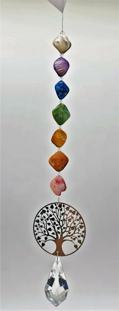 Large Tree of Life Crystal Suncatcher, chakra shell beads, rainbow suncatchers