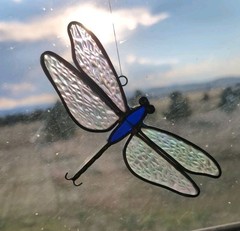 Vtg Stained Glass Dragonfly Handmade Suncatcher Blue Body & Clear Textured Wings