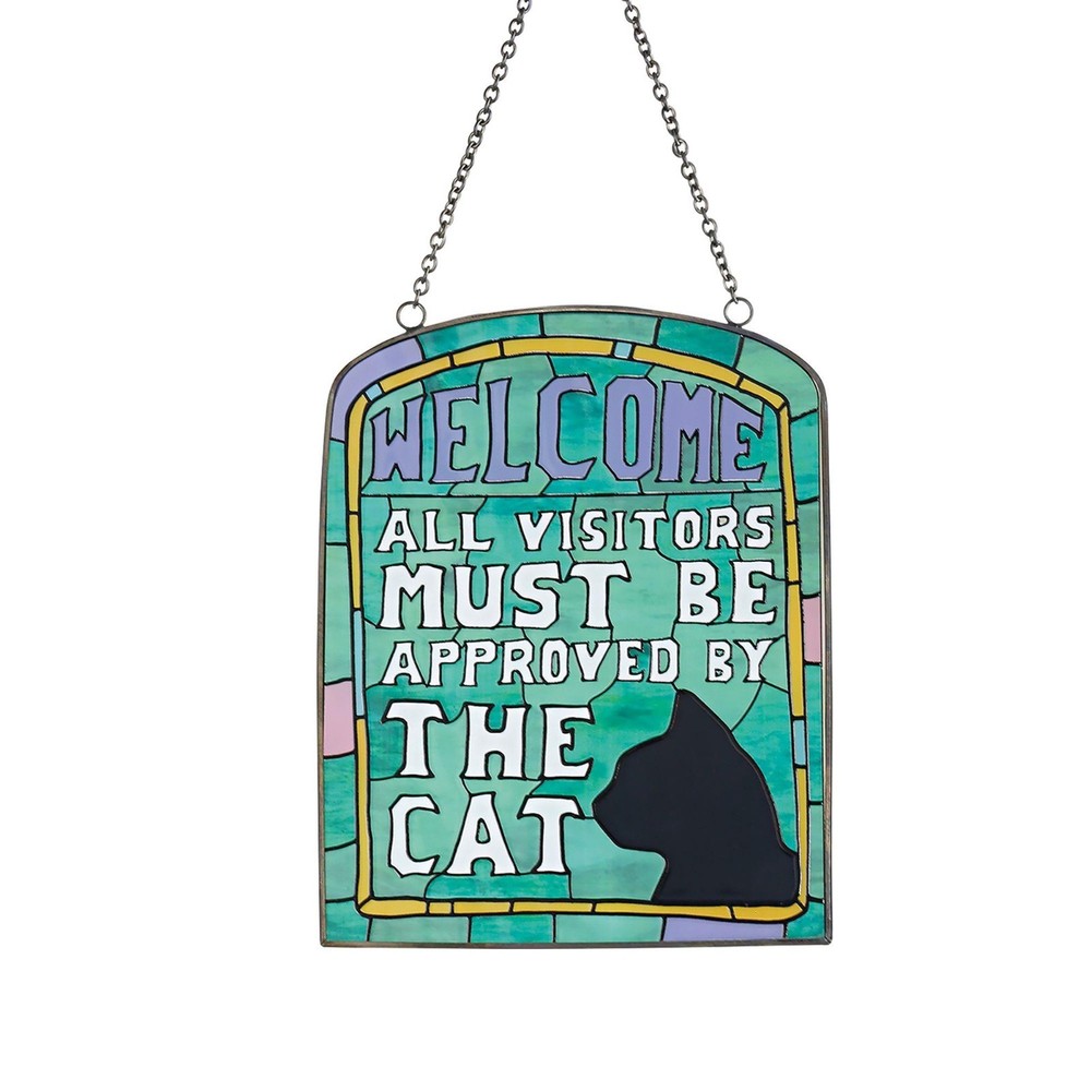 Cat Welcome Suncatcher Glass 16.5 cm high Our Name is Mud with Hanging Chain