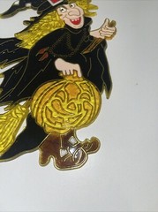 Halloween Witch Broom Pumpkin Plastic Stained Glass Look 8” Sun Catcher Vintage