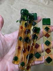 6 fused art glass Stick suncatchers Yellow Green Orange Handmade Ornaments Decor