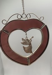 Vintage Viva Heart Cranberry/ Red Stained Glass and Pewter Suncatcher With Angel