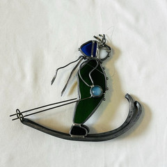 Stained Glass Suncatcher Winter Skier Skiing Ornament Green Snow Suit Blue Hat