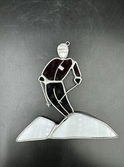 Vintage Stained Glass Suncatcher Ski ⛷️ Skiing Down Snow Red Black White 6”