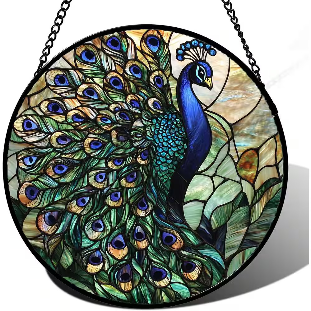 7.8X7.8 In. Stained Glass Window Hanging, Turquoise Peacock Sun Catcher for Outd