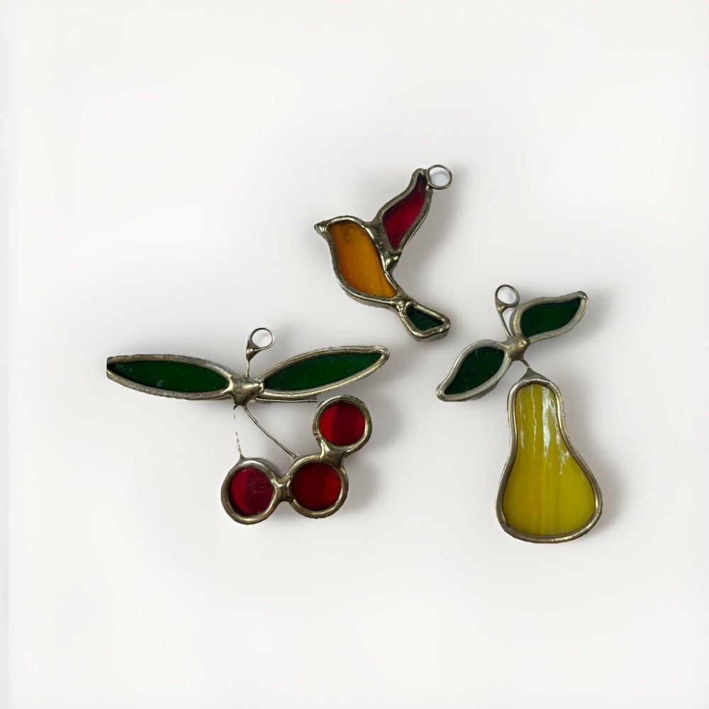 VTG Stained Leaded Glass Suncatcher Hanging Pear Cherry Bird Set Of 3