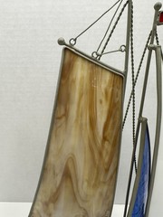 Vintage Stained Glass Boat 3D On Faux Driftwood Stand Sailboat Ship Decor