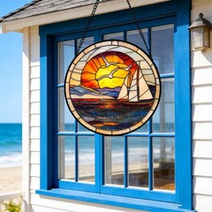 Stained Glass Sailboat Suncatcher – Ocean Seagull Window Decor 7.8″