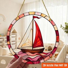 Red Sailboat Pink Ocean Wave Warm Tone Mosaic Rim Round Acrylic Suncatcher Decor