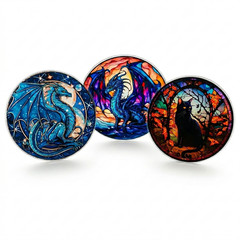 Dragon Cat Stained Glass Style Acrylic Gothic Suncatcher 3 Piece Set Blue Orange