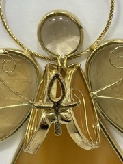 Angel Stained Glass Suncatcher Ornament Gold Tone Holding Ankh/Candle 5”