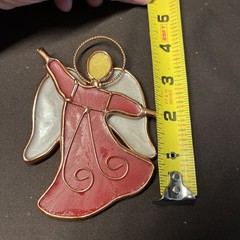 Red Stained Glass Angel Christmas Ornament With Etched Wings Gold Trim 4.5 by 3”