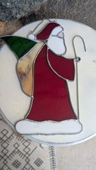 Stained Glass Santa Claus Window Hanging Suncatcher w/ Chain 10in Red White