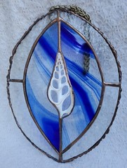 Nautical Blue Swirl Glass &Beach Seashell Hanging 10.5″ X 8″ Oval Suncatcher EUC