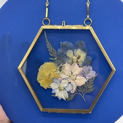 Vtg Hexagon Brass Glass Pressed Flower Window Hanging Suncatcher Botanical Decor