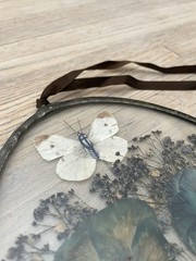 VTG Sun Catcher Glass Leaded Oval Pressed Flower Butterfly Botanical 6” x 9.5”