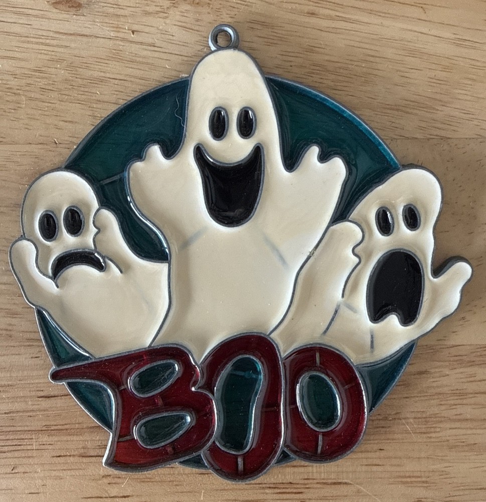 Vintage Three Ghosts Halloween Suncatcher 5 x 5″ Boo Metal & Enamel Happy Spooky