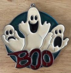 Vintage Three Ghosts Halloween Suncatcher 5 x 5″ Boo Metal & Enamel Happy Spooky