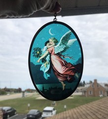 Vtg Via Vermont Art Sun Catcher Guardian Angel Child Faux Stained Glass & Brass