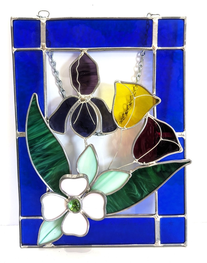 8″ x 11″, Colorful 3 Layer Floral Heavy Stained Leaded Glass Window Suncatcher
